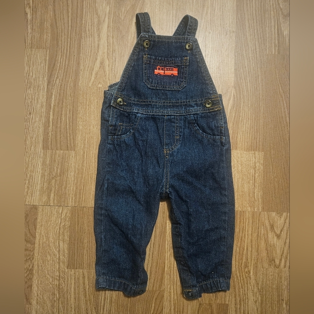 Carter's Dark Blue Denim Overalls With Embroidered Firetruck Size 9 Months